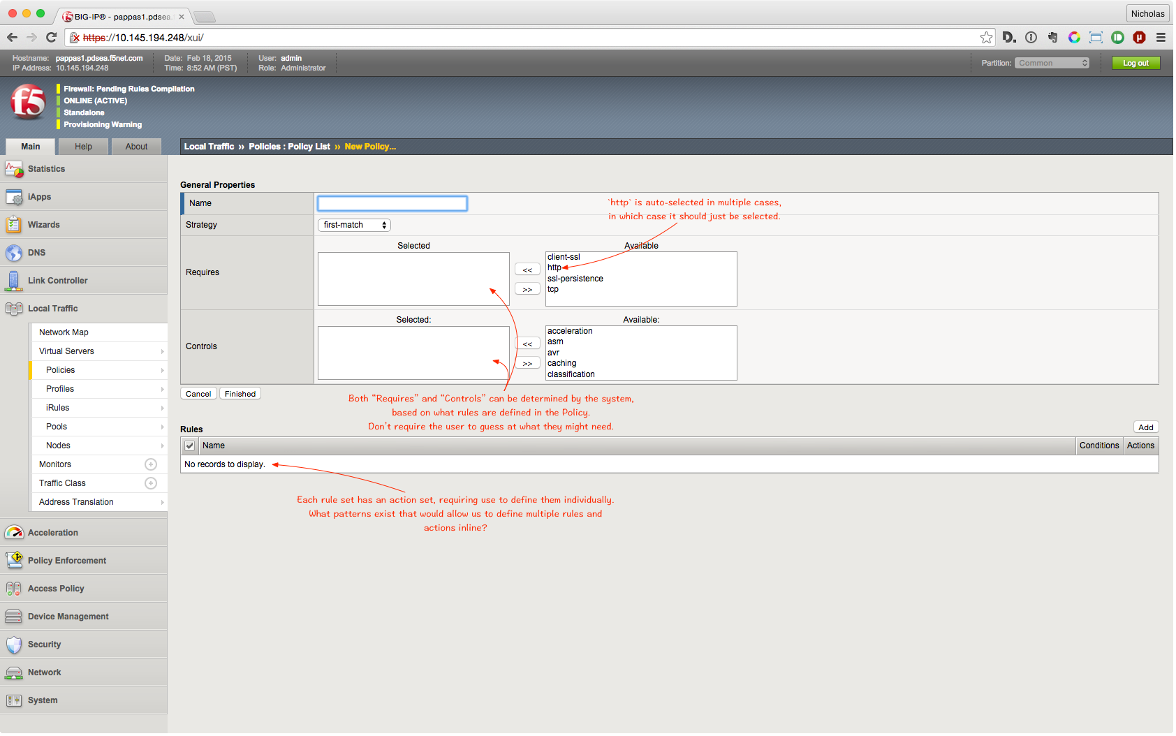 Screenshot of the original Traffic Policies workflow, with several usability issues redlined for discussion (1 of 2)