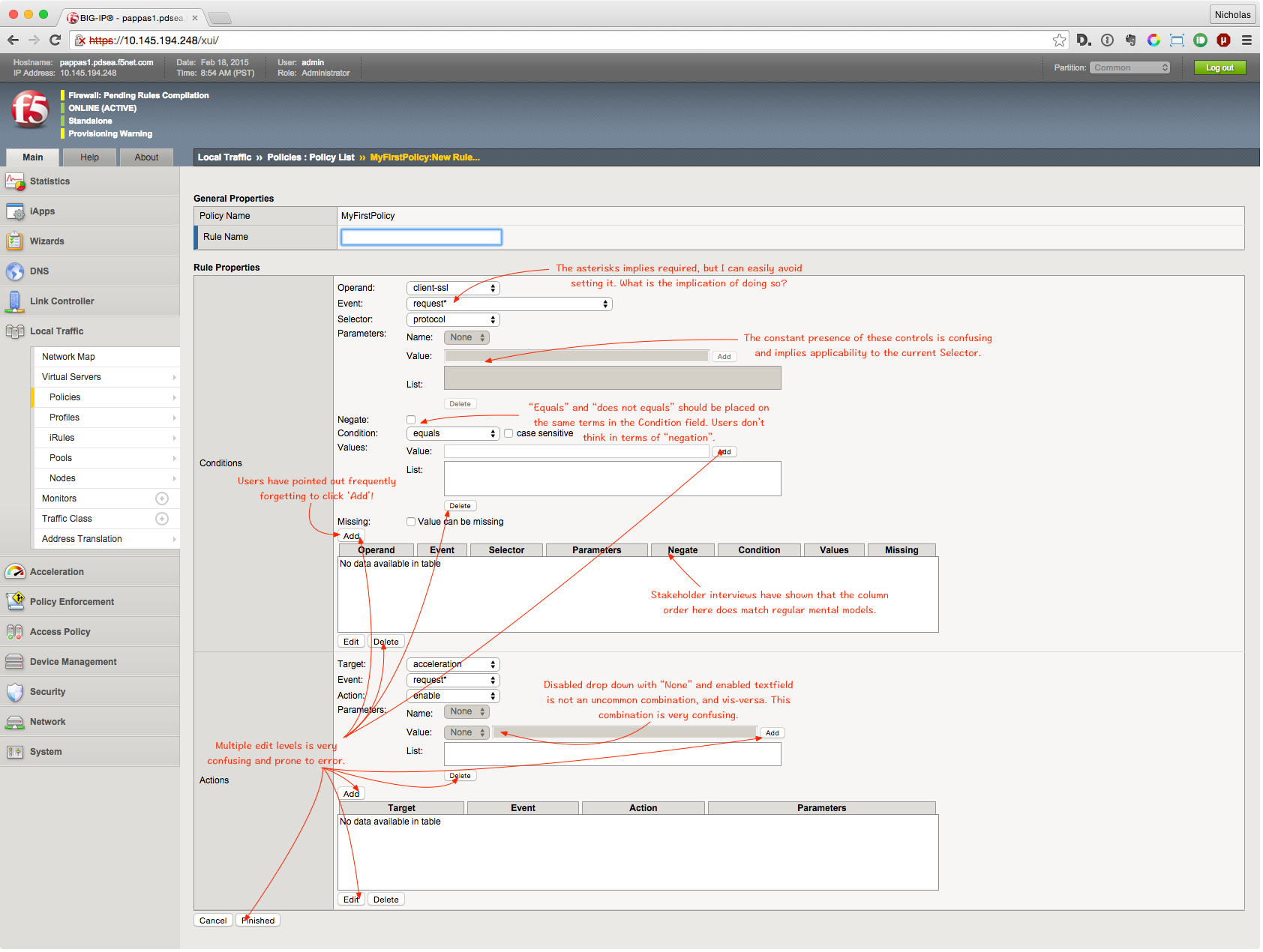 Screenshot of the original Traffic Policies workflow, with several usability issues redlined for discussion (2 of 2)