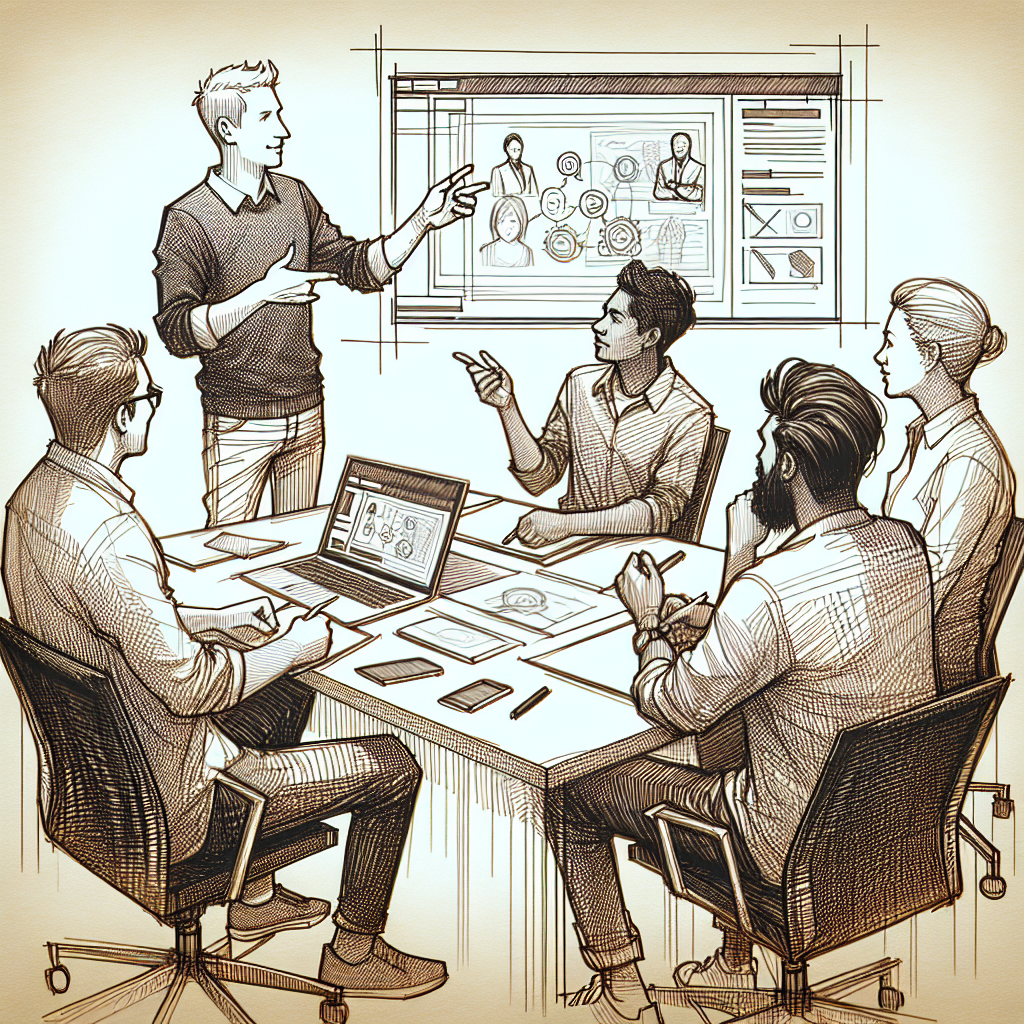 An illustration of a designer presenting to developers sitting at a table