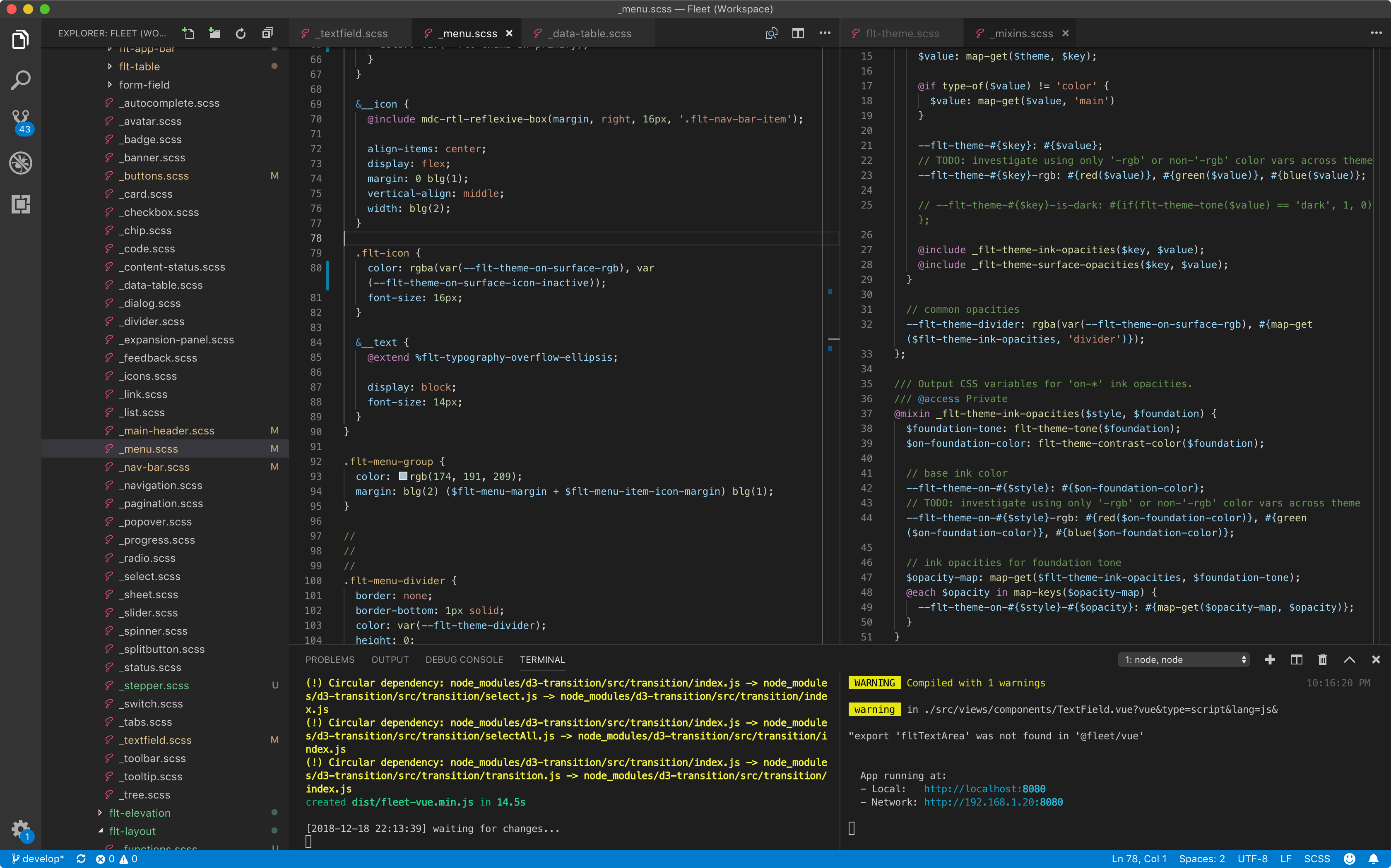A screenshot of Visual Studio Code, showing Fleet's SCSS code