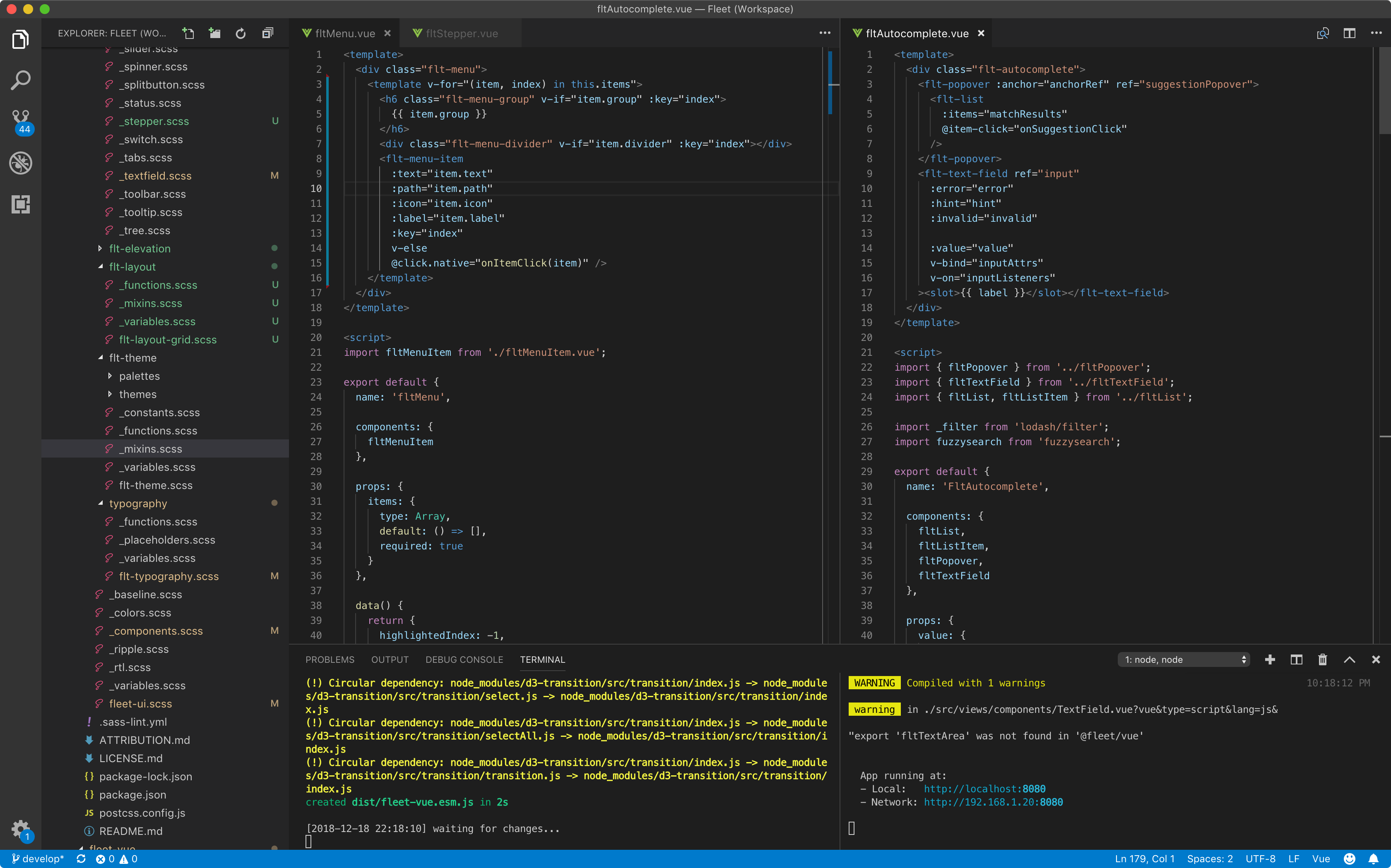 A screenshot of Visual Studio Code, showing Fleet's Vue code